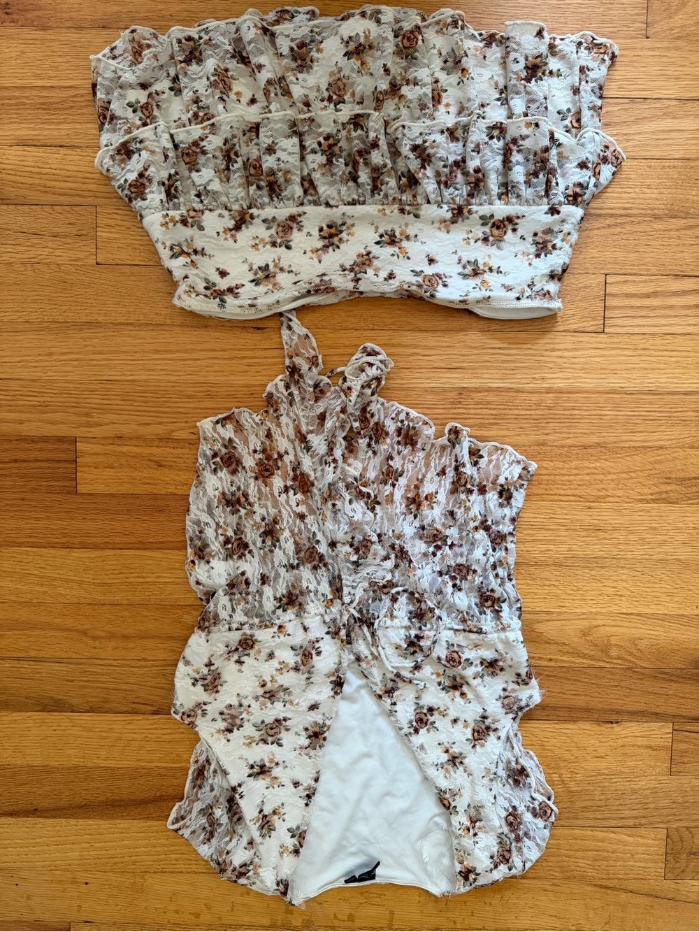 Floral Smocked Strapless Top and Skort Set - White with Brown Floral